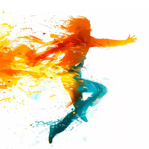 Photo silhouette of a person in dynamic motion with splashes of colorful paint on a white background concept of creativity generative ai