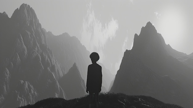 The silhouette of a person fades into the outline of a mountain range