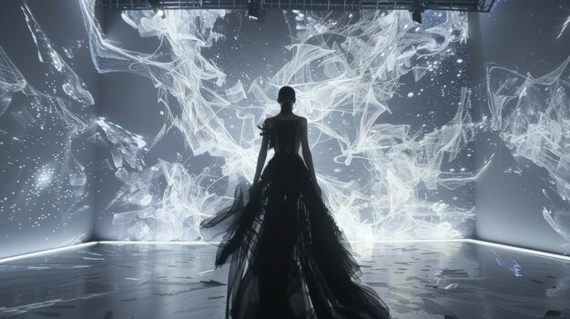 Silhouette of a person in a flowing dress against a futuristic abstract light display Modern art and fashion concept with dynamic visual effects