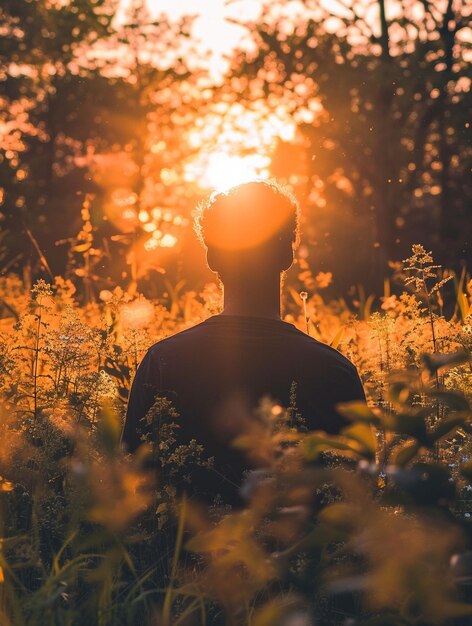 Silhouette of Person in Golden Sunset Field