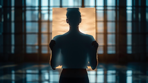 Photo silhouette of a person holding a blank placard