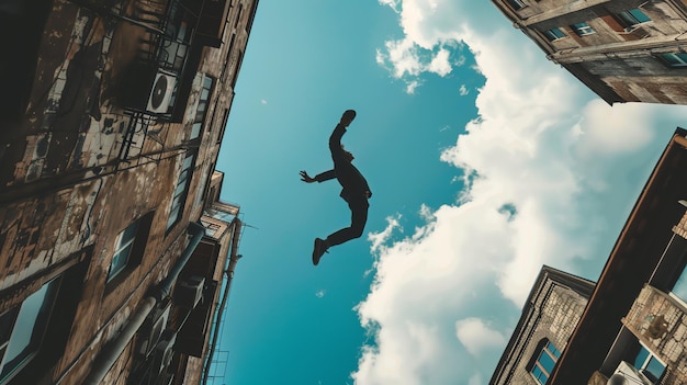 Silhouette of a person jumping in the air between buildings