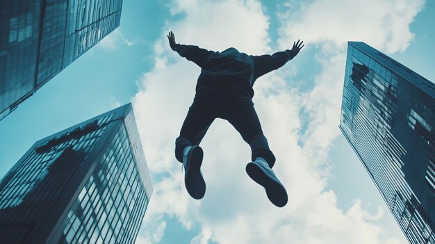 Photo a silhouette of a person jumping between buildings arms outstretched