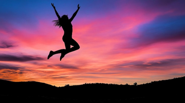 A silhouette of a person leaping into the air with arms raised set against a vibrant sunset sky the scene filled with dynamic light and color capturing the joy and exhilaration of a liberating