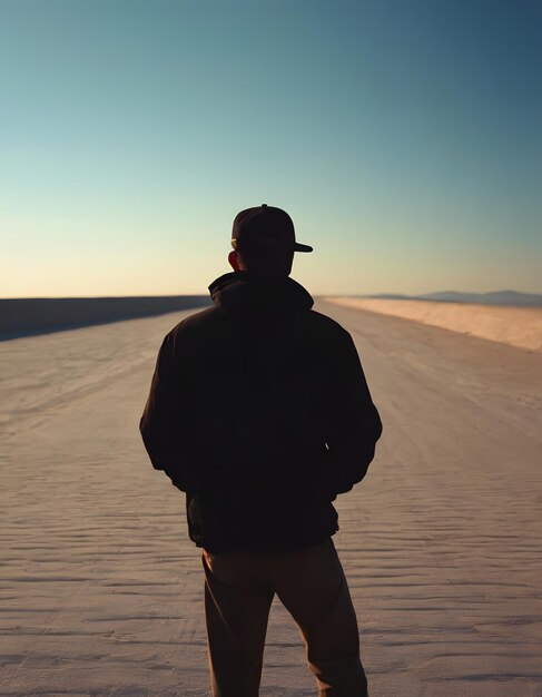 Photo a silhouette of a person looking the horizon realistic style