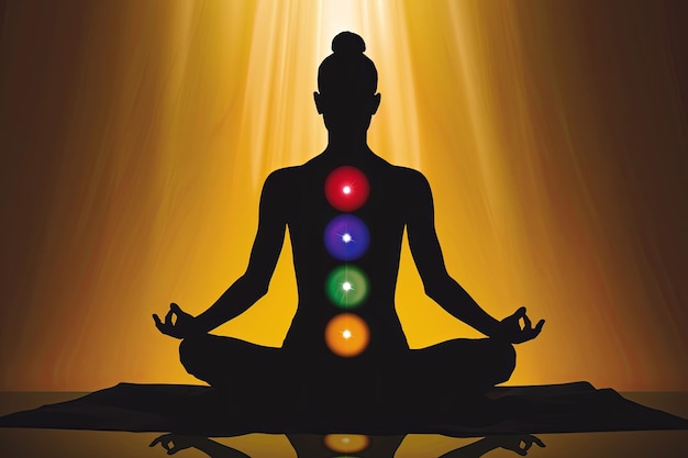 Silhouette of a Person Meditating in Lotus Pose With Visible Chakras and Aura