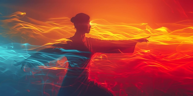 Silhouette of person in meditative pose with vibrant red and blue energy waves