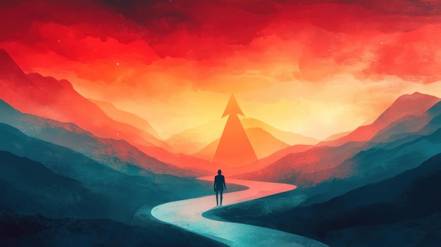 Silhouette of a Person on a Path Leading Upward Towards a Red Sunset