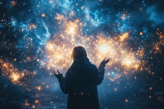 Photo silhouette of a person reaching for a starry sky