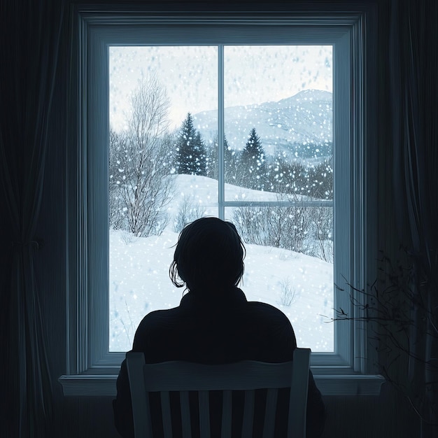 Silhouette of a person sitting by a window looking at a snowy landscape