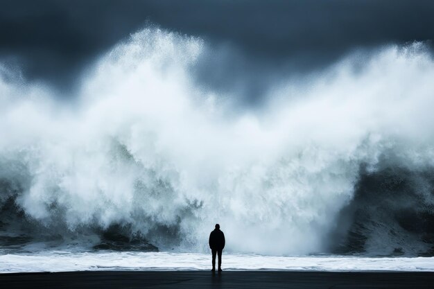 Photo silhouette of a person standing on a beach dwarfed by an enormous wave crashing before them creating a dramatic contrast between human and natures power