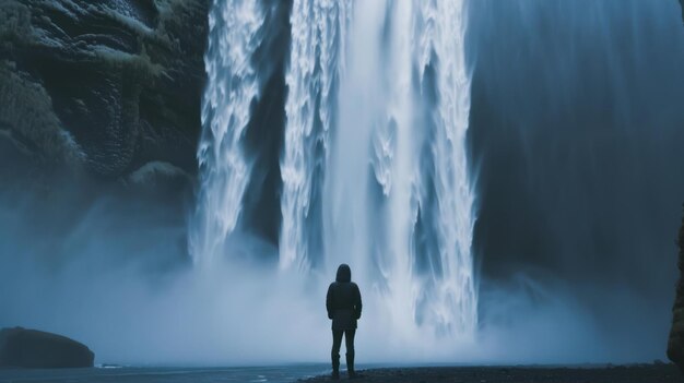 Photo silhouette of a person standing before a majestic waterfall