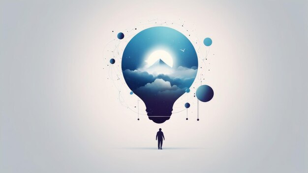 Photo a silhouette of a person standing beneath a lightbulb with a mountain and sky inside