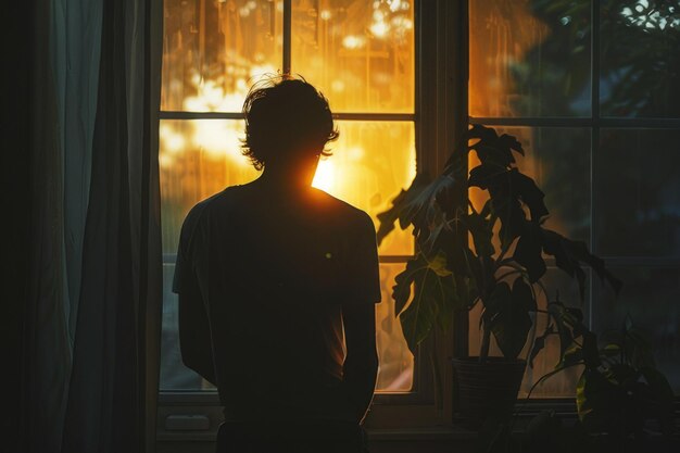 A silhouette of a person standing by a window