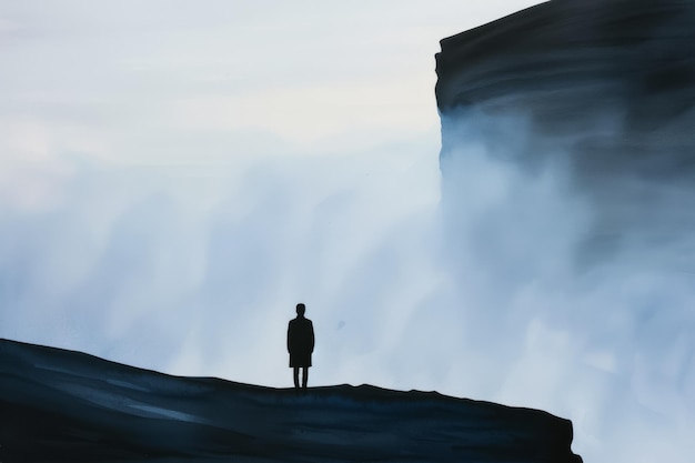 Silhouette of person standing on cliff edge representing solitude and reflection against a misty