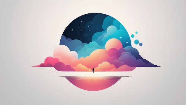 Photo silhouette of a person standing on a colorful round cloud