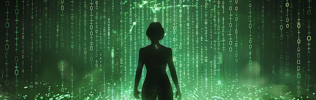 Silhouette of a Person Standing in a Green Digital Tunnel