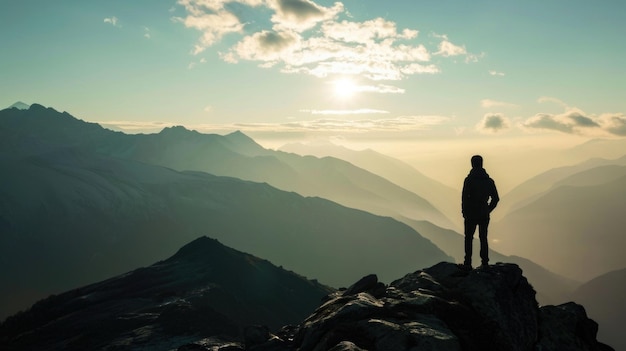 A silhouette of a person standing on a mountain top gazing at the vast landscape before them