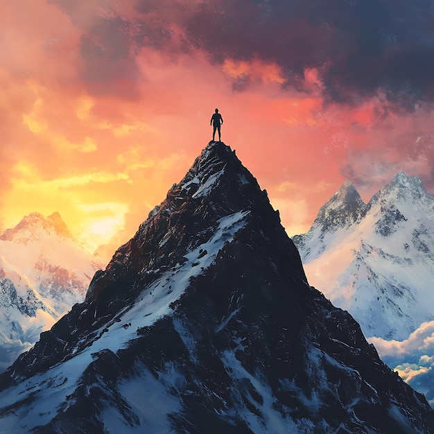 Photo silhouette of a person standing on top of a mountain peak during a sunset