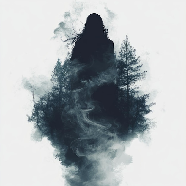 Photo a silhouette of a person surrounded by trees and mist evoking a sense of mystery