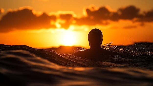 Photo silhouette of a person swimming in the ocean at sunset