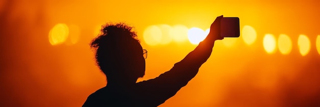 Photo a silhouette of a person taking a selfie against a vibrant sunset capturing a moment of peace