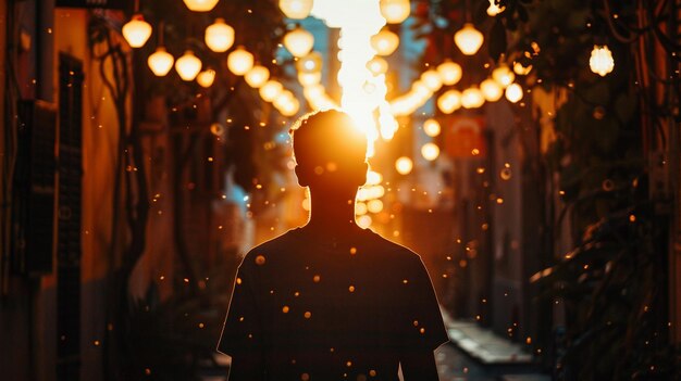 Silhouette of a Person in a Vibrant Alleyway at Sunset with String Lights Atmospheric Urban Scene