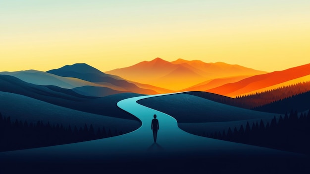 Silhouette of a Person Walking on a Path Towards Mountains at Sunset