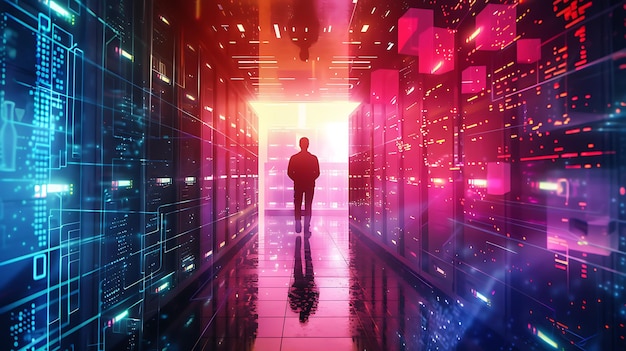 Silhouette of a person walking through a futuristic server room with glowing lights