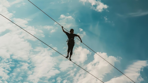 Photo silhouette of a person walking on a tightrope against a blue sky with clouds