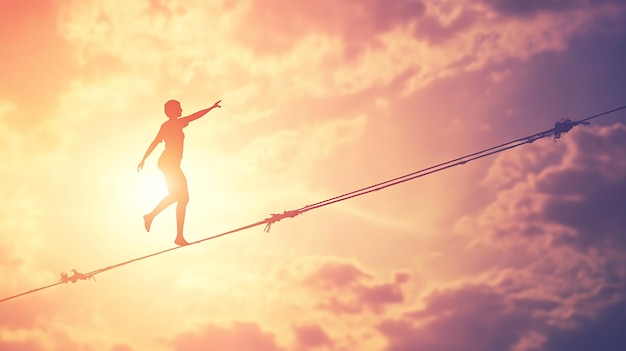 Photo silhouette of a person walking on a tightrope against a sunset sky