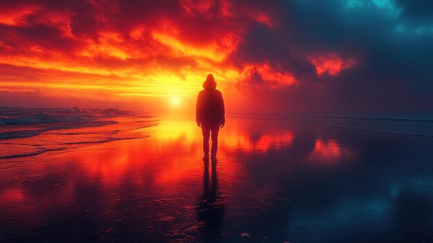 Silhouette of a Person Walking Towards a Fiery Sunset