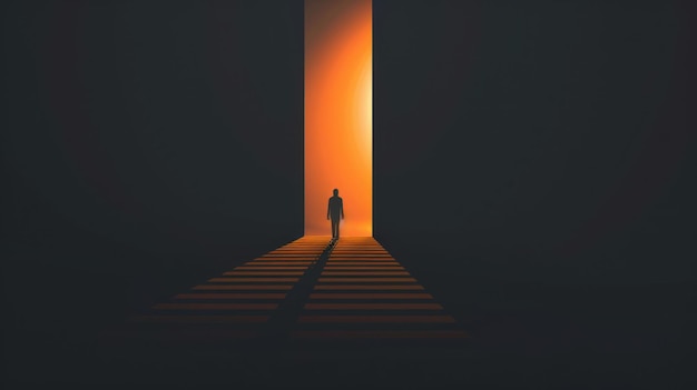 Photo silhouette of a person walking towards a glowing light