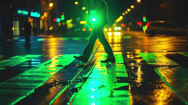 Silhouette of person walking on wet street at night under green light with reflections from streetlights giving a vibrant urban ambiance