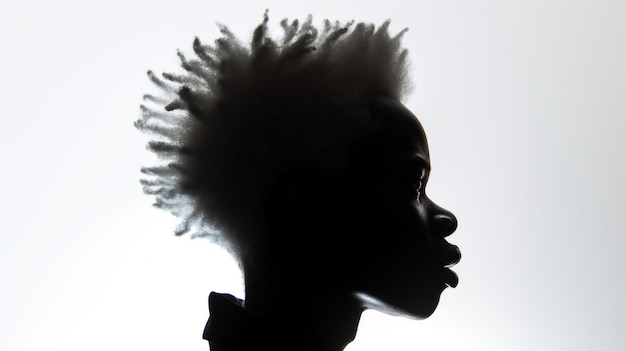 Silhouette of a person with an afro hairstyle profiled against a bright background