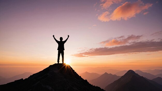 Photo silhouette of a person with arms raised on a mountain peak during a beautiful sunset