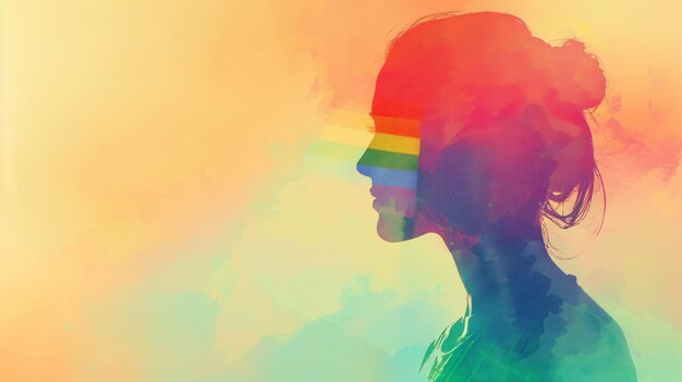 Photo silhouette of a person with a rainbow gradient overlay pastel background copy space