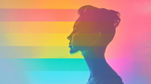 Photo silhouette of a person with a rainbow gradient overlay pastel background lgbtq pride month