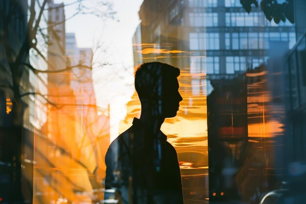 Photo silhouette of a person39s profile captured through a glass window with a city backdrop highlighted by golden tones of the setting sun