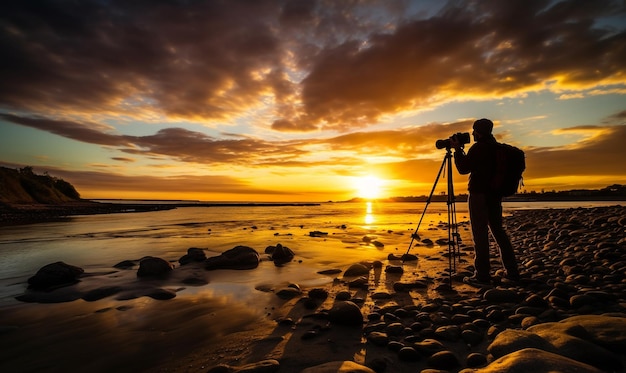 Silhouette of photographer on camera photographs the sunset of the evening beach