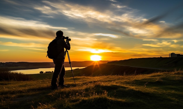 Silhouette of photographer on camera photographs the sunset of the evening beach