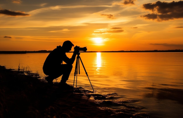 Silhouette of photographer on camera photographs the sunset of the evening beach