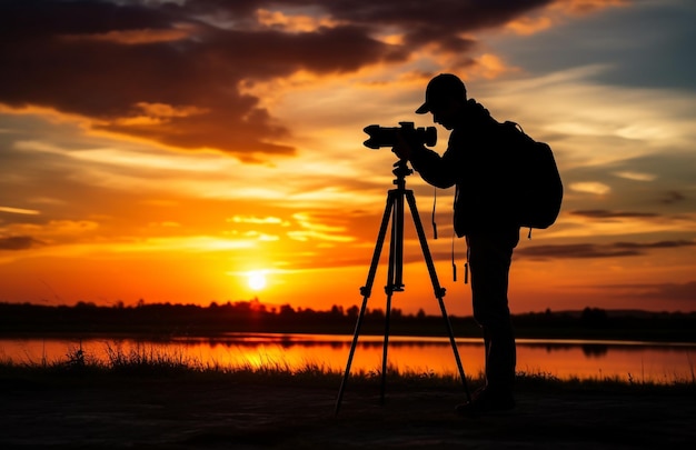 Silhouette of photographer on camera photographs the sunset of the evening beach