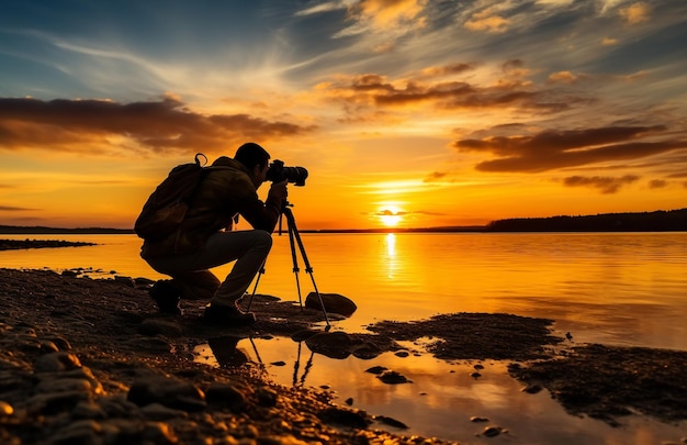 Silhouette of photographer on camera photographs the sunset of the evening beach