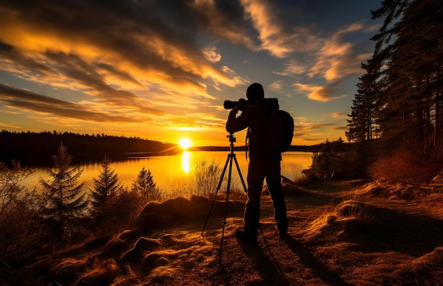 Silhouette of photographer on camera photographs the sunset of the evening beach