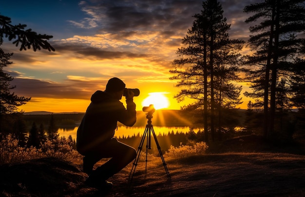 Silhouette of photographer on camera photographs the sunset of the evening beach