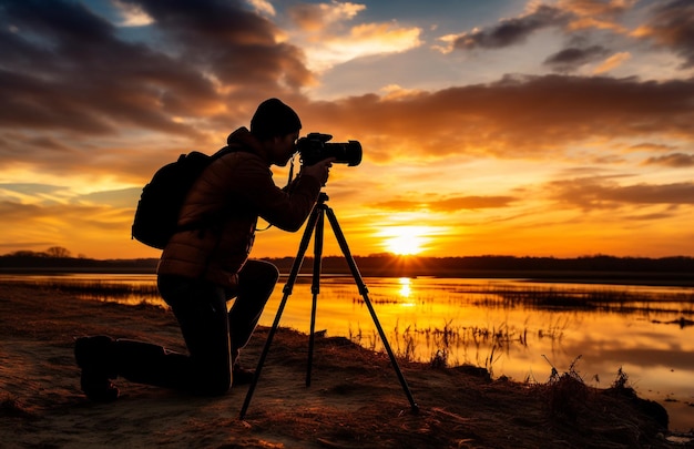 Silhouette of photographer on camera photographs the sunset of the evening beach