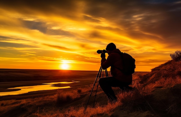 Silhouette of photographer on camera photographs the sunset of the evening beach