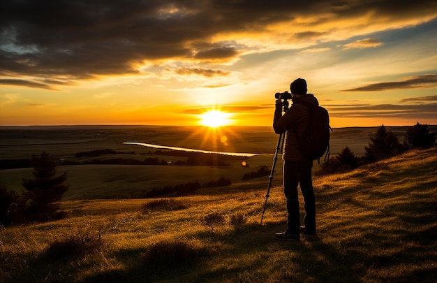 Silhouette of photographer on camera photographs the sunset of the evening beach