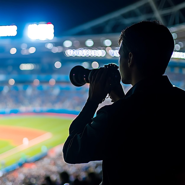 Photo silhouette of photographer capturing action at night stadium